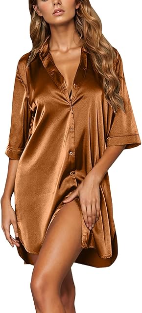 Women's Satin Nightgown Button Down Sleepshirt Silk 3/4 Sleeve Silk Night Shirts Sexy Lingerie Robe Pajamas Dress