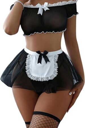 Women's 5 Piece Mesh Lace Trim Lingerie Set Bow Decor Frill Trim Bra Mini Skirt Thong with Stockings