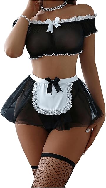 Women's 5 Piece Mesh Lace Trim Lingerie Set Bow Decor Frill Trim Bra Mini Skirt Thong with Stockings