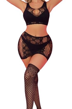 Women Sexy Cut Out Lingerie Set - Rave Outfit Fishnet Top Sheer Dress Mesh Stocking Cover Suit Club Exotic Babydoll
