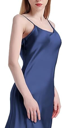 100% Mulberry Silk Nightgown for Women - 19 Momme Silk Sexy Lingerie, Sleeveless Slip Dress, Dark Blue Large