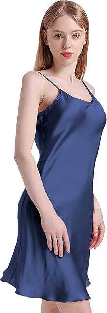 100% Mulberry Silk Nightgown for Women - 19 Momme Silk Sexy Lingerie, Sleeveless Slip Dress, Dark Blue Small