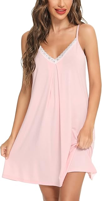 Womens Chemise Sleepwear Full Slips Sexy Lace Nightgown Soft Jersey Lingerie&