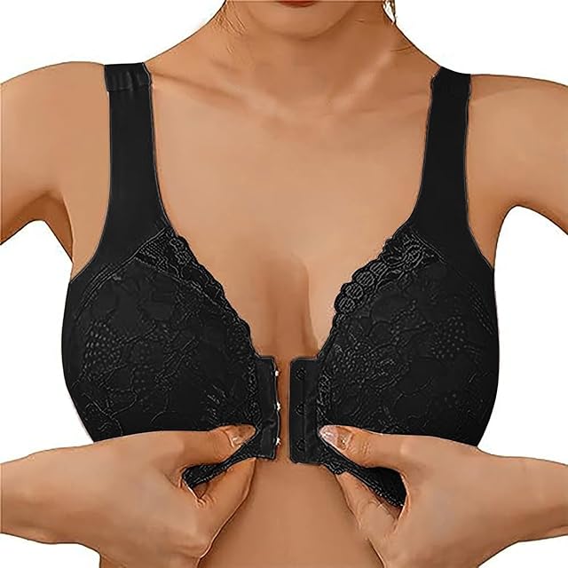 Lace Bras for Women No Underwire Front Closure Padded Sexy Bralette with Hooks Push Up Gathering Comfy Plus Size Bras