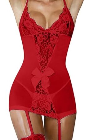 Womens Sexy Lingerie Chemises Lace Sheer Teddy Babydoll with Garter Belt Full Slips Mini Bodycon Dress Sleepwear