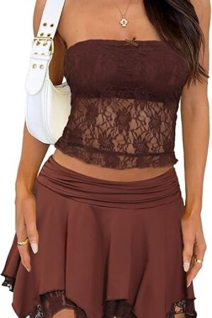 Women 2 Piece Mini Skirt Set Lace Tube Top Sexy Cute Floral Lingerie Layered Vacation Outfit