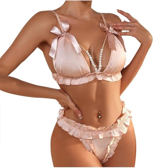 Womens Solid Color Lingerie Sexy Sets with Ruffle Underwire Bow Bra and Panty Set Push Up Two Piece Lingerie
