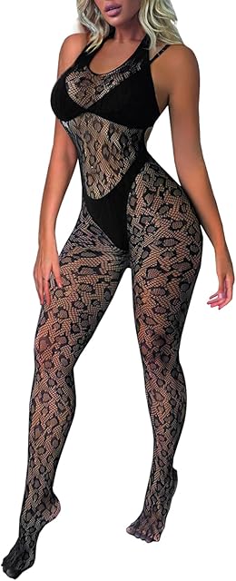Woman Sexy Lingerie Bodysuit Fishnet Body Stocking Leopard Jumpsuit Rave Outfits