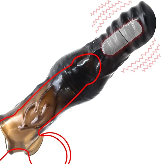 Vibrating Penis Sleeve with Ball Stretcher - Black Reusable Unique Shape Stretchy Cock Extender Sheath with Thick Knot - Penis Enlarger Sex Toy for Couples Men