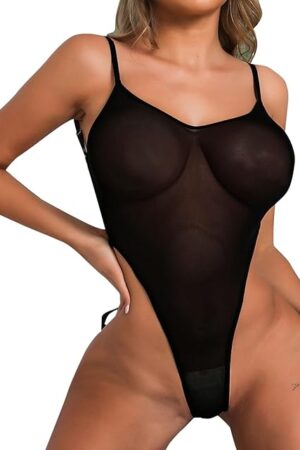 Womens Romper One Piece Women's Lingerie Teddy Corset Lingerie Set Mesh Spaghetti Straps High Cut See Through Sheer