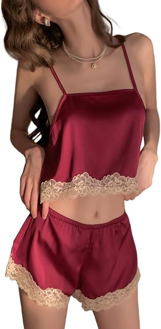 Women Sexy Lace Pajamas Lingerie Set High Waist Sleepwear Soft Nightwear Cute Cami Shorts Set