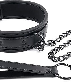 Women and Men Padded Leather Bondage Collar and Leash Set, Leather Sex Toys BDSM Slave Collar for Bondage Restraints, Leather Sex Collar for SM Games (Black-1)