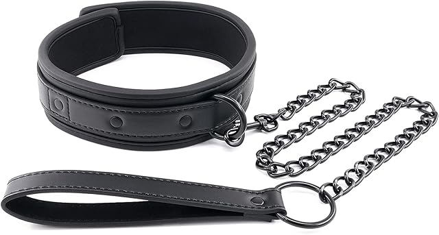 Women and Men Padded Leather Bondage Collar and Leash Set, Leather Sex Toys BDSM Slave Collar for Bondage Restraints, Leather Sex Collar for SM Games (Black-1)