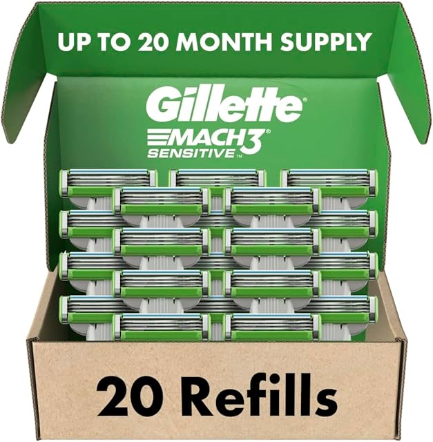 Gillette Mach3 Sensitive Mens Razor Blade Refills, 20 Count, Designed for Sensitive Skin