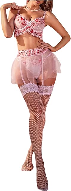 Women's 5 Piece Lingerie Set Graphic Print Contrast Lace with Garters & Stockings Teddy Lingerie Bodysuit
