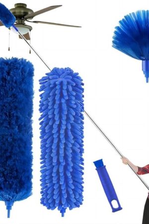 Cobweb Duster with Extension Pole, Washable Cleaning Duster Kit with 2 Duster Heads, Cobweb Duster, Corner Brush, 15-100 Inch Long Aluminum Telescoping Pole for Ceiling Fan (Blue)