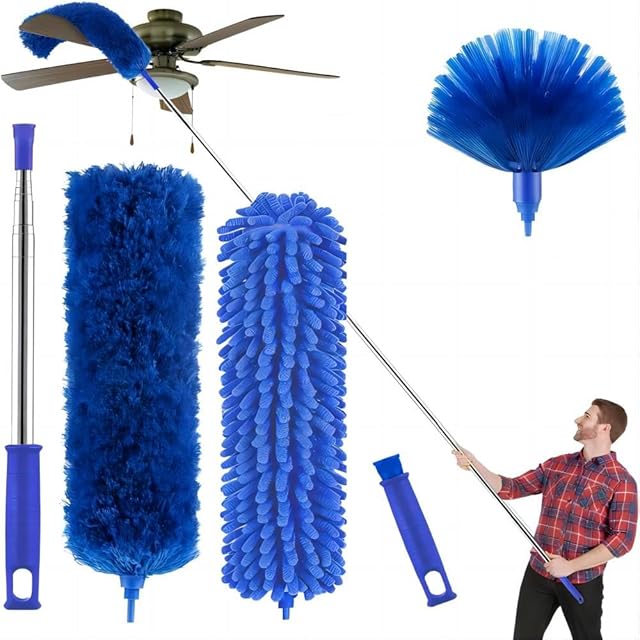 Cobweb Duster with Extension Pole, Washable Cleaning Duster Kit with 2 Duster Heads, Cobweb Duster, Corner Brush, 15-100 Inch Long Aluminum Telescoping Pole for Ceiling Fan (Blue)