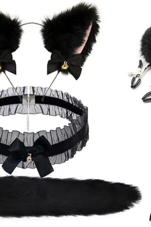 Anal Butt Plug Tail Set with Tail Set, Fox Cat Tail Butt Plug Cat Ears Headband Nipple Clamps Sex Chokers for Woman BDSM Choker Sex Toy for Couple Woman (Black)