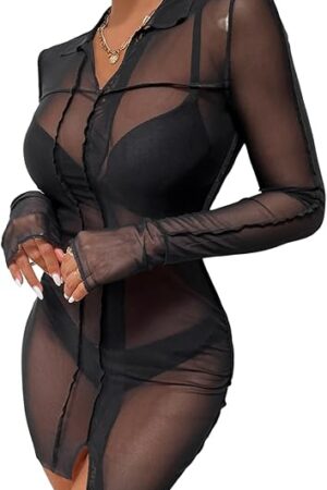 Women Sexy Sheer Mesh Bodycon Mini Dress Long Sleeve Slit Hem Party Club Dresses