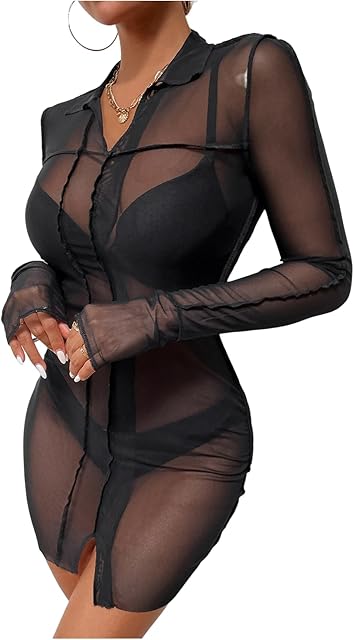 Women Sexy Sheer Mesh Bodycon Mini Dress Long Sleeve Slit Hem Party Club Dresses
