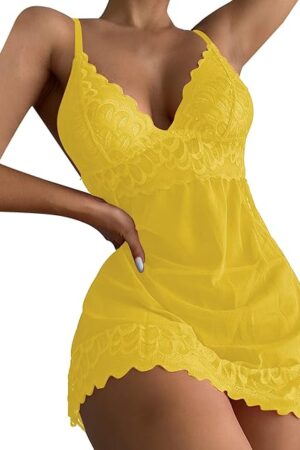 Women Fashion Lingerie Dress Roleplay Lingerie Sexy Lace Lingerie Floral Sexy Plus Size Lingerie with (Yellow, XL) X-Large