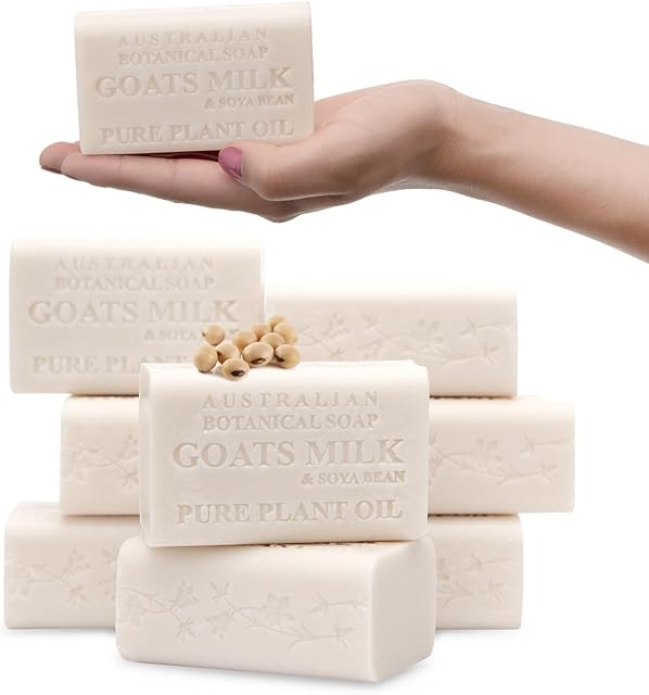 Australian Botanical Soap 66 OZ, Pack of 8, Goat Milk Soap Bars with Soya Bean Oil, Enriched with Organic Shea Butter, Suitable for All Skin Types, Packaging May Vary
