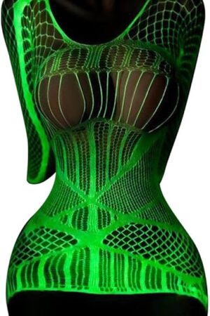 Glow in the Dark Fishnet Stockings, Luminous Sexy Green Fishnets Lingerie Tights High Waist Pantyhose One Piece Bodysuit