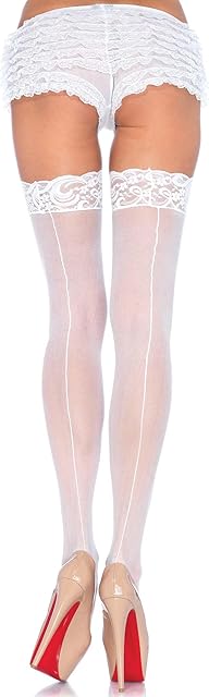 Women's Sheer Lace Top Thigh High Stockings with Backseam