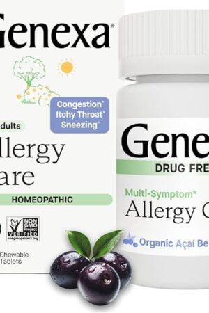 Genexa Allergy Care | Drug Free, Non-Drowsy Allergy & Decongestant Remedy for Adults | Vegan & Non-GMO | Homeopathic Allergy Relief Made Clean | Organic Acai Berry Flavor | 60 Chewable Tablets