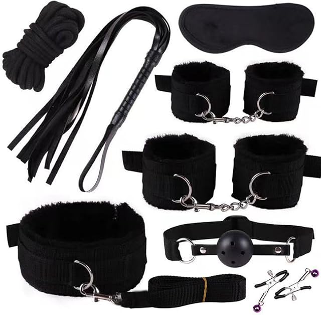 Leather Bondage Sets Restraint Kits BDSM Set for Couples Restraints Handcuffs Ankle Cuffs Collar with Leash Paddle Gag Mouth Nipple Clamps Fetish Whip Blindfold 8 PCS