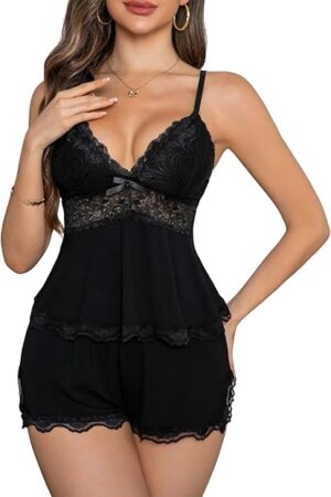 Women's Sexy Pajama Set Lace V Neck Camisole Lingerie Nightwear Cami PJ Sets with Elastic Waist Slit Shorts