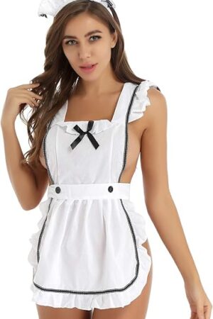 Womens Sexy Ruffle French Aprons Maid Kitchen Cooking Fancy Dress with Hair Hoop G-string Briefs