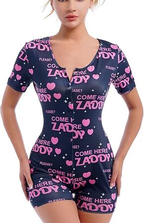 Women Short Sleeve Rompers Sexy One Piece Shorts Bodysuit Playsuit Printed Pajama Button Up Sleep Romper Pjs Lingerie