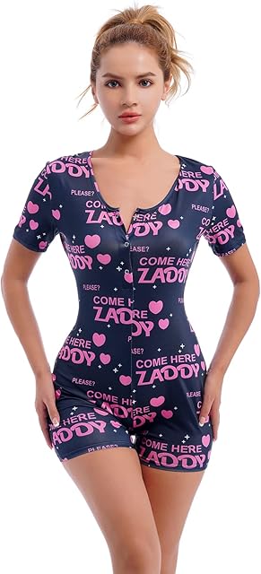 Women Short Sleeve Rompers Sexy One Piece Shorts Bodysuit Playsuit Printed Pajama Button Up Sleep Romper Pjs Lingerie