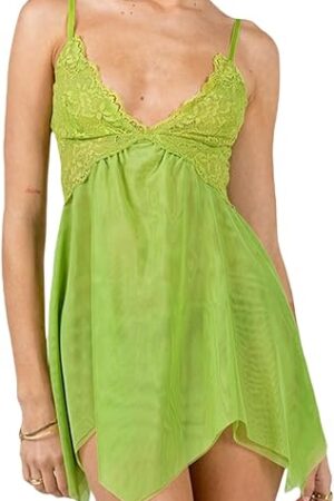 Womens Green Tinkerbell Fairy Costume Dress Sexy Cosplay Costume Dress Y2k Lace Spaghetti Strap Lingerie Mini Dress