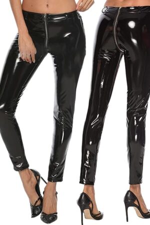 Women Sexy Front to Back Zipper Metallic Leather Skinny Leggings Stretch Push Up Shaping Tight Pants