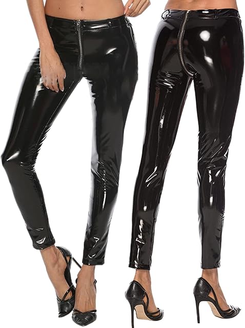 Women Sexy Front to Back Zipper Metallic Leather Skinny Leggings Stretch Push Up Shaping Tight Pants
