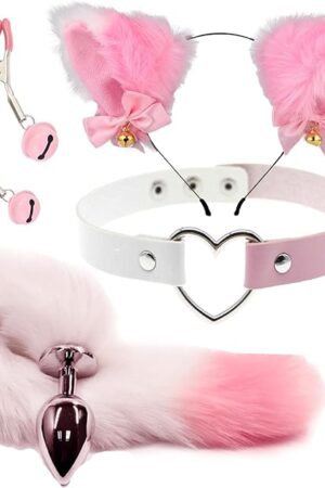 Anal Plug Fox Tail with Ear 15.75-Inch-Long Sexual Anus Tail Butt Plug Cosplay Game Pink & White Sex Toy for Women Men