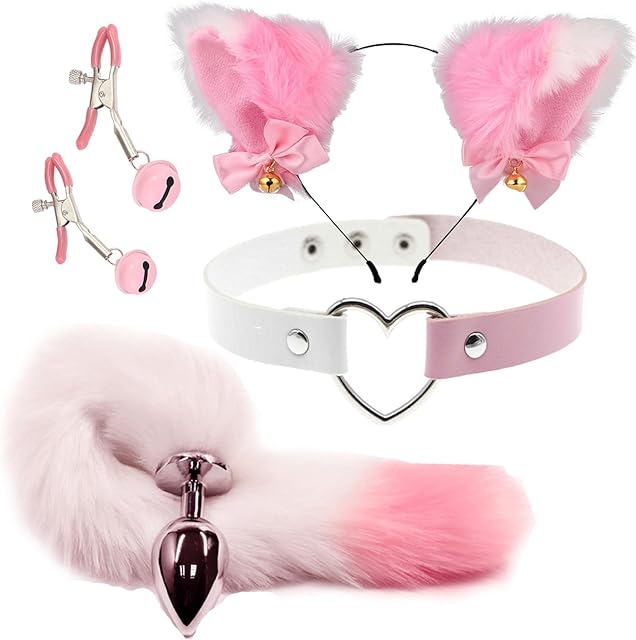 Anal Plug Fox Tail with Ear 15.75-Inch-Long Sexual Anus Tail Butt Plug Cosplay Game Pink & White Sex Toy for Women Men
