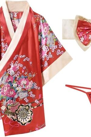 Women Short Kimono Floral One Piece Bathrobe Yukata Spa Pajamas-Bowknot Belt Japanese Cosplay Photo Nightdress Set