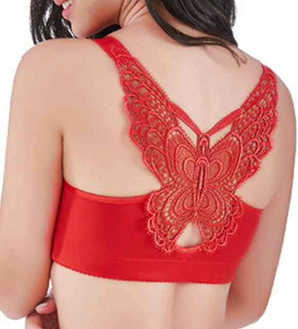 Women Butterfly Bra Front Closure Wireless Sexy Push Up Bra for Thin Fashionable Casual Convertible Bra Soft Everyday Bra Red, 36