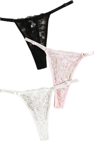 Women's 3 Pack Sexy Floral Lace G-string Thongs Low Rise T-Back Cheeky Panties