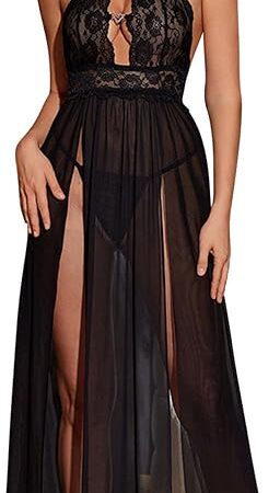 Women's Chemises Lingerie Sexy Lace Cut Out Halter Sheer Mesh Side Slits Nightdress Exotic Long Babydoll Nightwear
