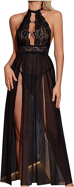 Women's Chemises Lingerie Sexy Lace Cut Out Halter Sheer Mesh Side Slits Nightdress Exotic Long Babydoll Nightwear