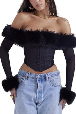 Women's Sexy Teddy Babydolls Lingerie Tops Plush Boat Neck Off Shoulder Tops Mesh Long Sleeve Irregular