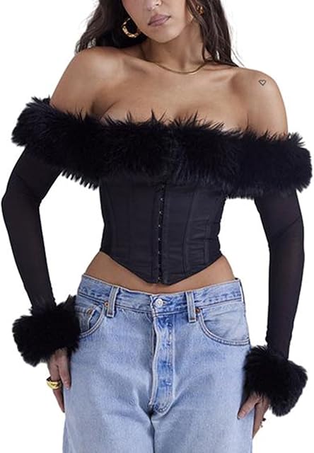 Women's Sexy Teddy Babydolls Lingerie Tops Plush Boat Neck Off Shoulder Tops Mesh Long Sleeve Irregular