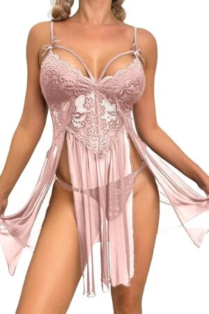 Women Sexy Lingerie Lace Babydoll Nightgowns Strap Chemise Teddy Deep V Neck Sleepwear with G-string