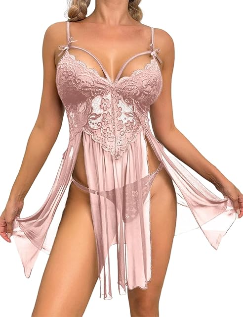 Women Sexy Lingerie Lace Babydoll Nightgowns Strap Chemise Teddy Deep V Neck Sleepwear with G-string