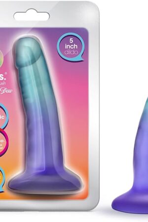 Blush Adult Sex Toys  B Yours Morning Dew  5 Inch Long 1.25 Inch Wide Real Feel Dildo  Suction Cup Base O Ring Harness Compatible  Body-Safe  Gradient Design  Beginner Women Men Couples  Indigo