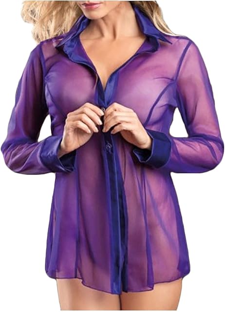 Women's Sexy Lingerie Floral Lace Sheer Button Down Shirt See Through Long Sleeve Tops Club Embroidery Mesh Blouses